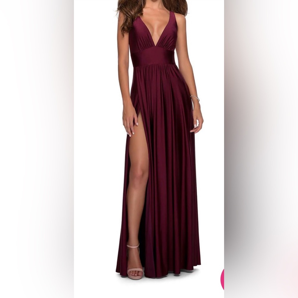 La Femme Womens Plunge Neckline Gown Sz 14 Slit Lined Dark Berry Sleeveless
